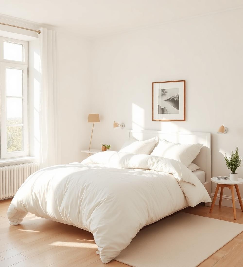 Freshly cleaned bright bedroom with crisp white bedding